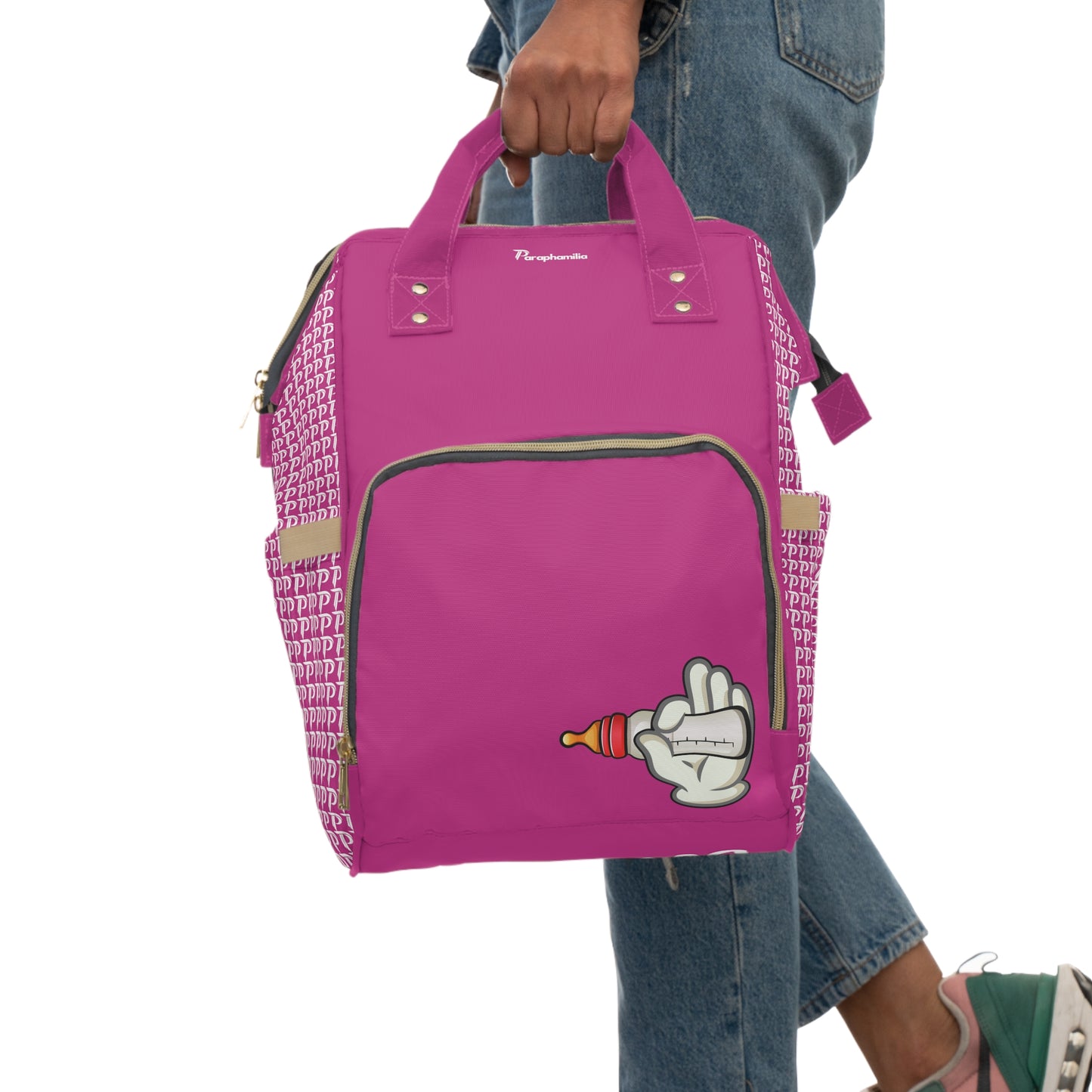 Multifunctional Diaper Backpack - Bottles Up Pink